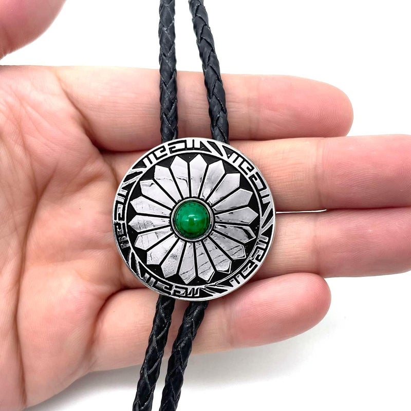 YOQUCOL Vintage American Western Cowboy Indian Art Stone Genunie Leather Bolo Tie For Men Women - Image 2